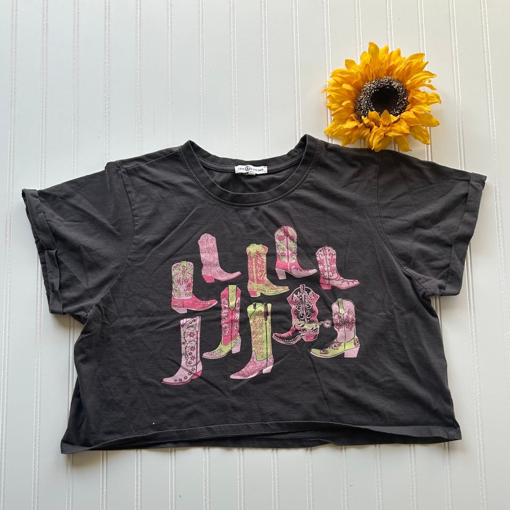 Love & Lazy Days (T-Shirt) (XL) Charcoal EXCELLENT Western Cowboy Boot Graphic